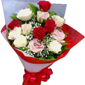 Elegant Mother's Day bouquet of classic red and white roses accented with filler greens, wrapped in bold red paper with a red bow.
