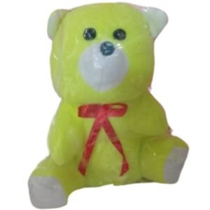 Bright Neon Yellow Teddy Bear with Red Satin Bow – Small Plushie