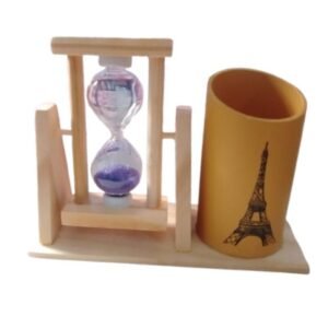 Wooden Hourglass Sand Timer with Eiffel Tower Pen Holder – Desktop Decor