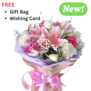 "Adara Amma" Pink Lily & White Rose Jute-Wrapped Bouquet
