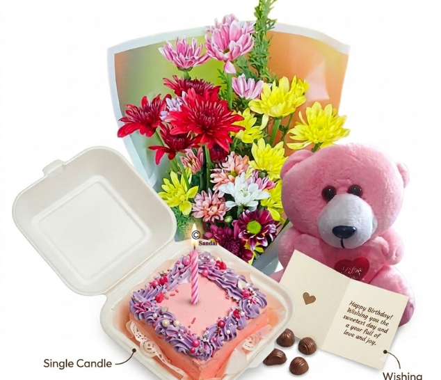 Ultimate Birthday Mixed Flower Bouquet, Bento Cake & Teddy Combo