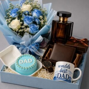 Elegant Blue & White Rose Bouquet & Practical Men's Gift Box