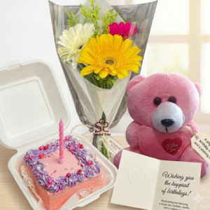 Ultimate Birthday Gerbera Bouquet, Bento Cake & Teddy Combo