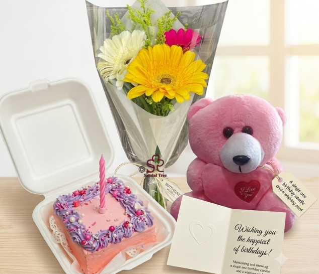 Ultimate Birthday Gerbera Bouquet, Bento Cake & Teddy Combo