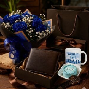 Father's Day Royal Blue Rose Bouquet & Bento Cake Gift Set