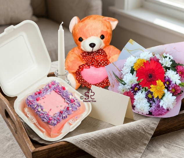 Mixed Flower Bouquet with Bento Cake & Teddy Combo