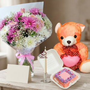 Pink Chrysanthemum Bouquet with Bento Cake & Teddy Combo