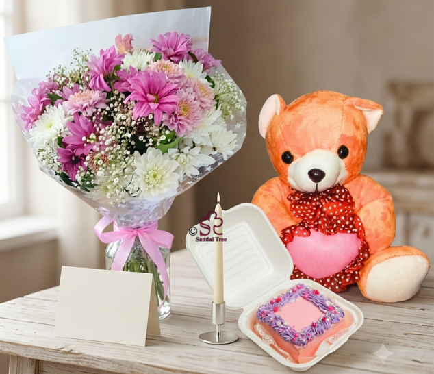 Pink Chrysanthemum Bouquet with Bento Cake & Teddy Combo