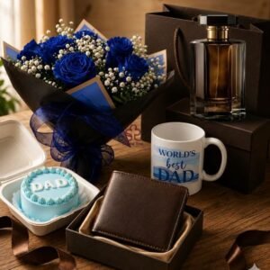 Deluxe Father's Day Royal Blue Rose, Wallet & Hamper Box