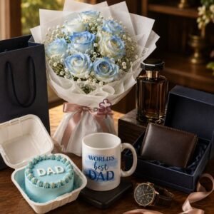 Pastel Ice-Blue Rose Bouquet & Men's Accessories Gift Box