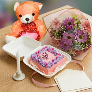 Soft Pastel Chrysanthemum Bouquet with Bento Cake & Teddy Combo