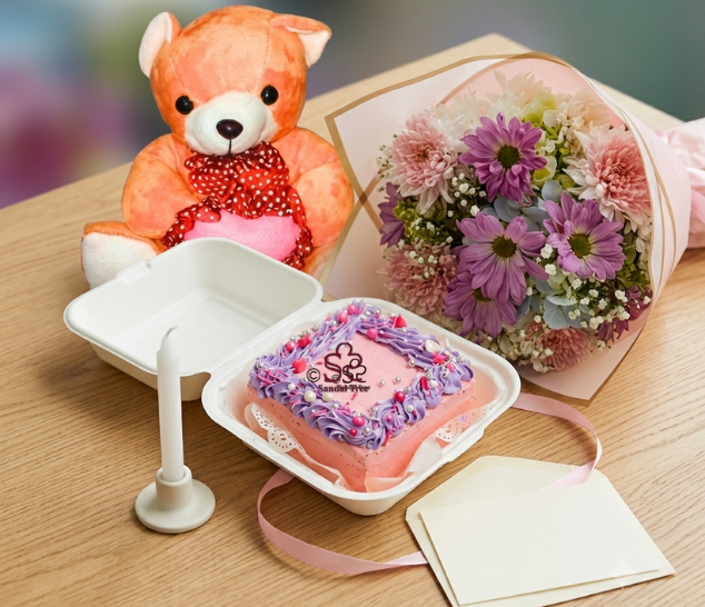 Soft Pastel Chrysanthemum Bouquet with Bento Cake & Teddy Combo