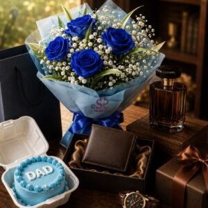 Sapphire Blue Rose Bouquet, Wallet & Watch Gift Box for Dad