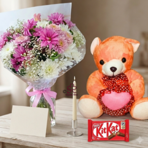Pink Chrysanthemum Bouquet with KitKat &  Teddy Combo