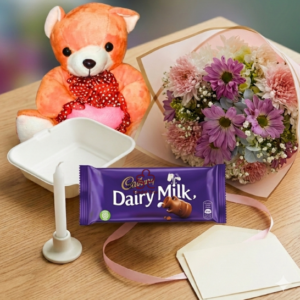 Soft Pink Pastel Chrysanthemum Bouquet with Dairy Milk & Teddy Combo