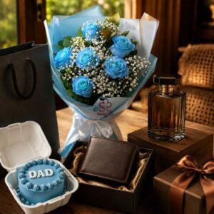 Sky Blue Rose Bouquet, Men's Watch & Wallet Father's Day Gift Box