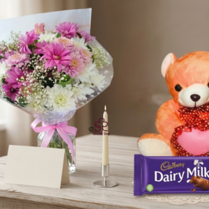 Pink Chrysanthemum Bouquet with Dairy Milk & Teddy Combo