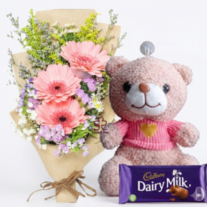 Pink Gerbera Bouquet with Teddy Bear & Chocolate Combo