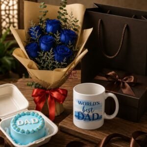 Father's Day Rustic Blue Rose Bouquet & Bento Cake Gift Box