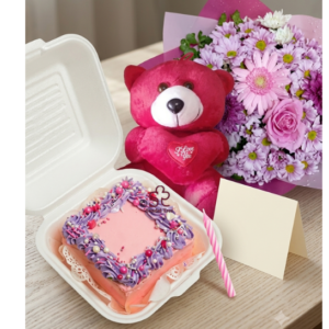 Luxury Purple & Pink Bouquet with Bento Cake & Teddy Combo