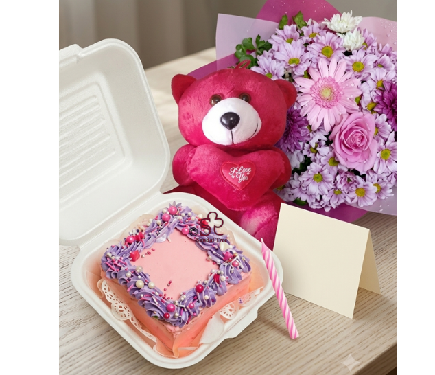 Luxury Purple & Pink Bouquet with Bento Cake & Teddy Combo
