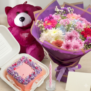 Mixed Vibrant Flower Bouquet with Bento Cake & Teddy Combo