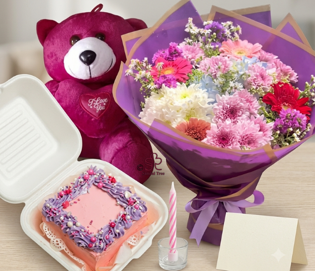 Mixed Vibrant Flower Bouquet with Bento Cake & Teddy Combo