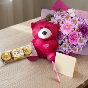 Chrysanthemum Bouquet with Ferrero Rocher & Teddy Combo