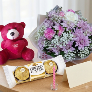 Soft Pastel Chrysanthemum Bouquet with Ferrero Rocher & Teddy Combo
