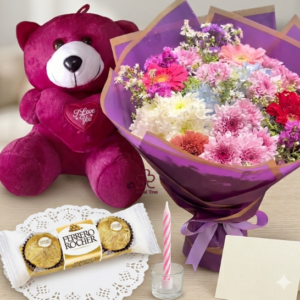 Mixed Vibrant Flower Bouquet with Ferrero Rocher & Teddy Combo