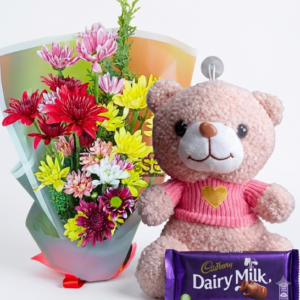 Mixed Chrysanthemum Bouquet with Teddy & Chocolate Combo