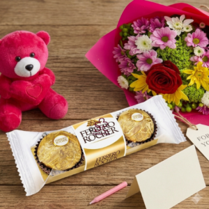 Festive Mixed Flower Bouquet with Ferrero Rocher & Teddy Combo
