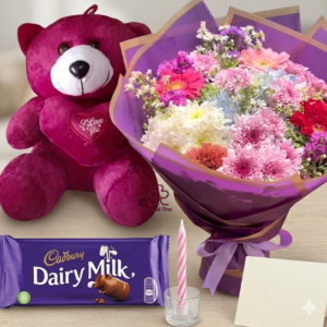 Mixed Vibrant Flower Bouquet with Dairy Milk & Teddy Combo