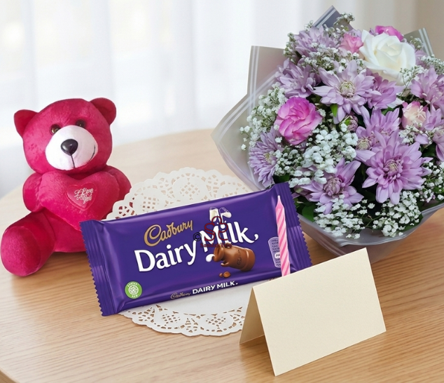 Soft Pastel Chrysanthemum Bouquet with Dairy Milk & Teddy Combo