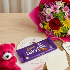 Festive Mixed Flower Bouquet with Dairy Milk & Teddy Combo