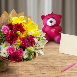 Luxury Mixed Chrysanthemum Bouquet with Teddy & Candle Combo