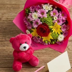 Festive Mixed Flower Bouquet with Teddy & Candle Combo