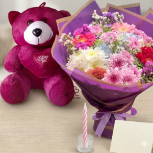 Mixed Vibrant Flower Bouquet with Teddy & Candle Combo