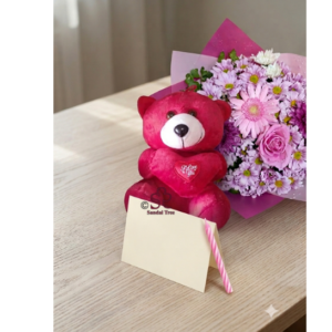 Purple Chrysanthemum Bouquet with Magenta Teddy & Candle Combo