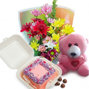Mixed Chrysanthemum Bouquet with Bento Cake & Pink Teddy Combo