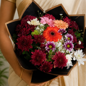 Vibrant Mixed Gerbera & Chrysanthemum Bouquet in Premium Black & Gold Wra