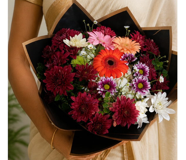 Vibrant Mixed Gerbera & Chrysanthemum Bouquet in Premium Black & Gold Wra