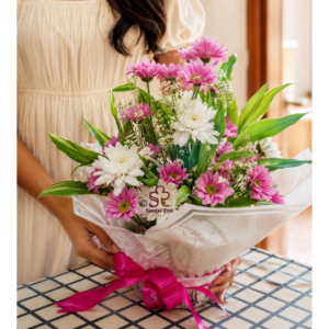 Elegant White & Pink Chrysanthemum Pot with Wrap
