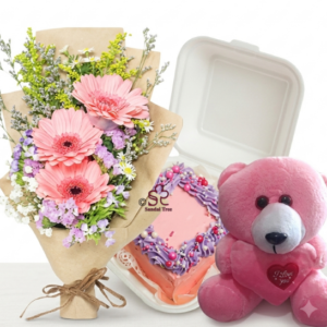 Pink Gerbera Bouquet with Bento Cake & Pink Teddy Combo