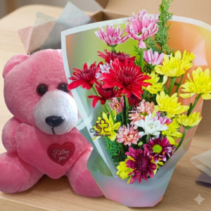 Mixed Chrysanthemum Bouquet with Cute Pink Teddy Bear