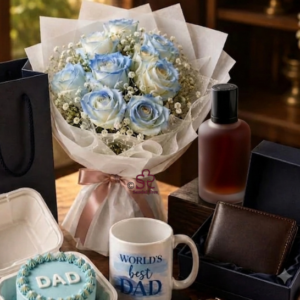 Pastel Ice-Blue Rose Bouquet & Men's Accessories Gift Box