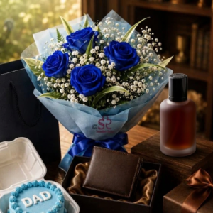 Sapphire Blue Rose Bouquet, Wallet & Watch Gift Box for Dad