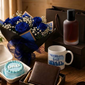 Deluxe Father's Day Royal Blue Rose, Wallet & Hamper Box