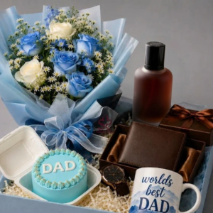 Elegant Blue & White Rose Bouquet & Practical Men's Gift Box
