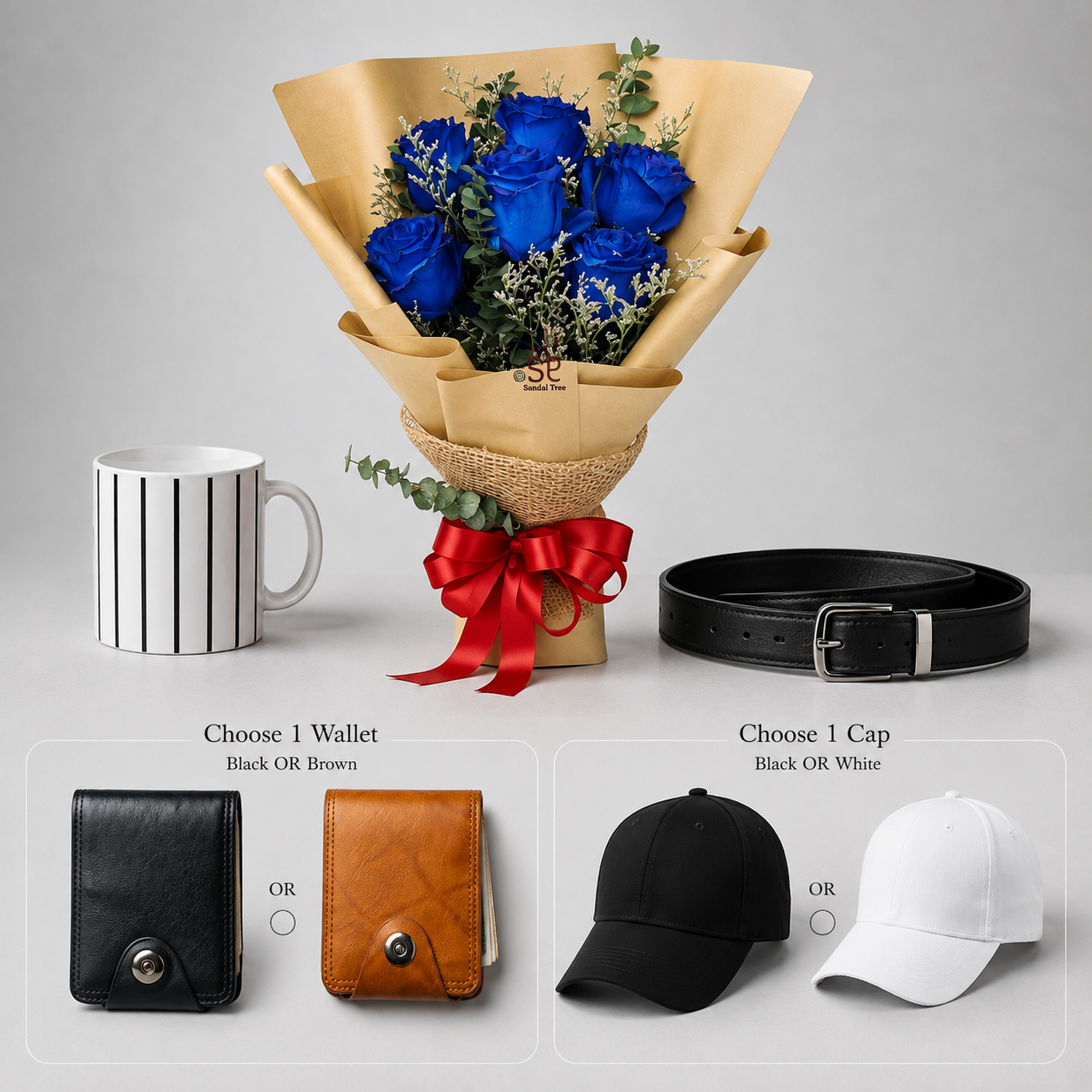 Golden Wrap Blue Rose Men’s Day Gift Bundle (Mixed Flowers)